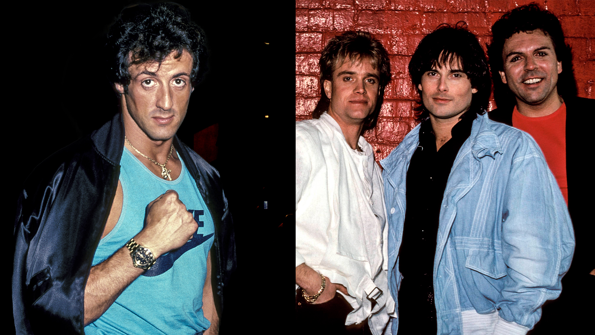 LEfT: Sylvester Stallone at the Lee Canalito vs Curtis Whitner Boxing Match, July 6, 1982. RIGHT: Survivor circa 1984 (from left) Stephan Ellis, Jim Peterik, Frankie Sullivan, Jimi Jamison, Marc Droubay 