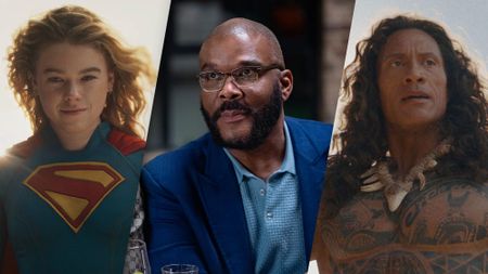 (From L to R) Milly Alcock as Kara Zor-El / Supergirl in "Supergirl" | Tyler Perry as Terry in "Why Did I Get Married Again?" | Dwayne Johnson in the live-action "Moana"