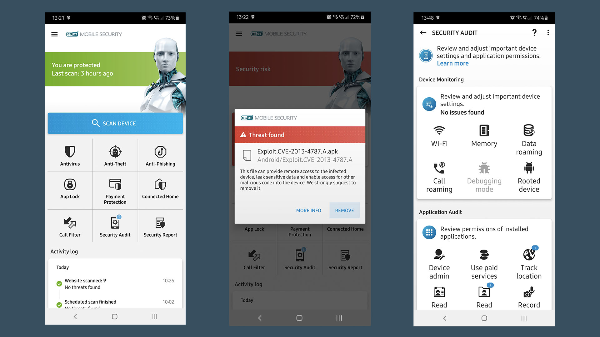A collection of screenshots from ESET Mobile Security.