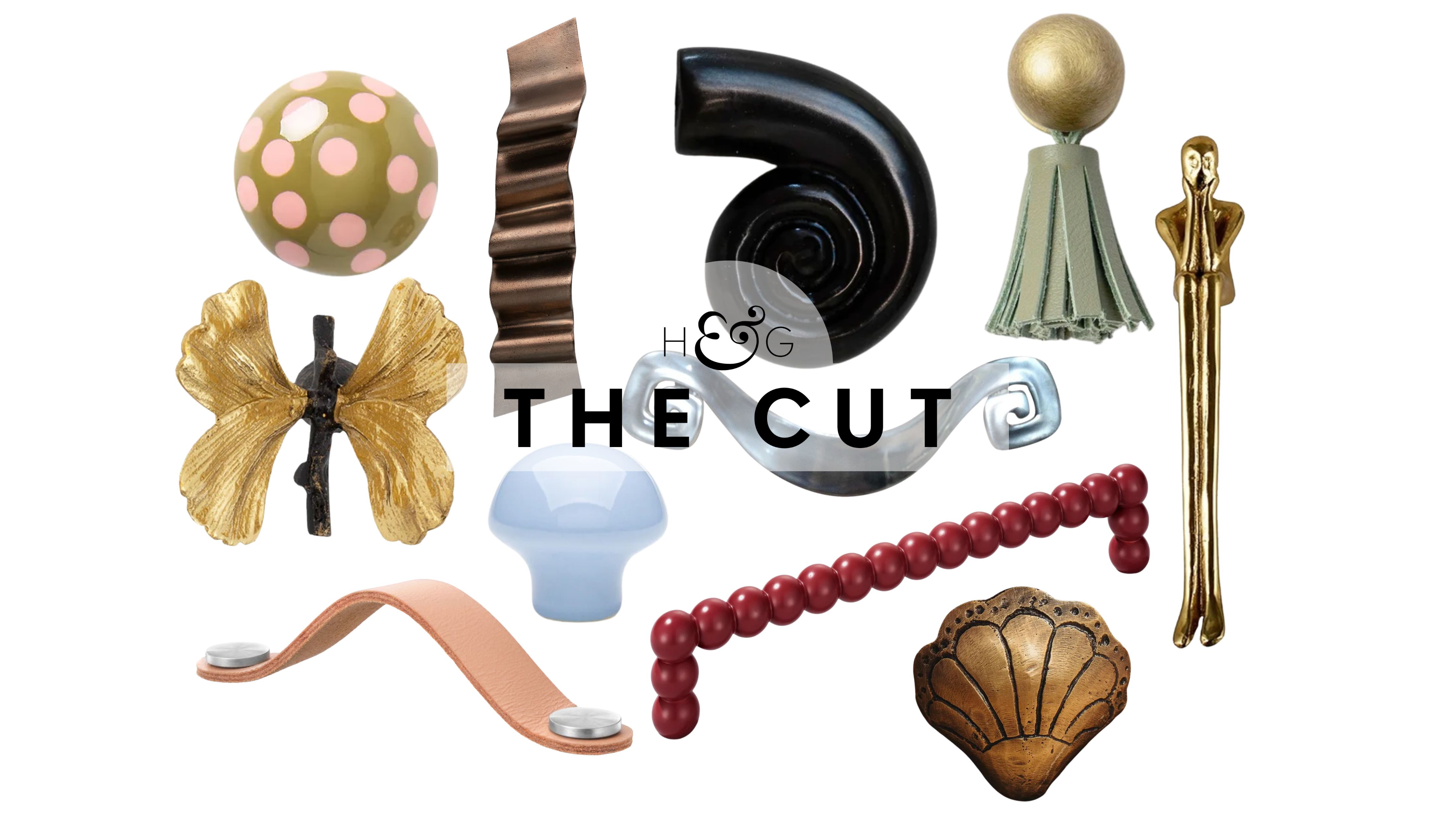 Novelty drawer knobs and cabinet pulls, featuring styles ranging from polka-dotted paint to swirling ceramic forms, pictured against a white background