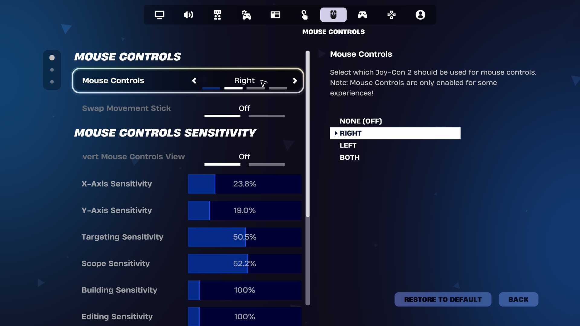 A screenshot of Fortnite on the Switch 2 showing newly-added mouse control settings