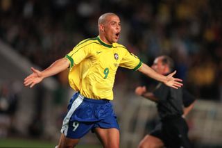 Ronaldo celebrates after scoring for Brazil against Chile at the 1998 World Cup.