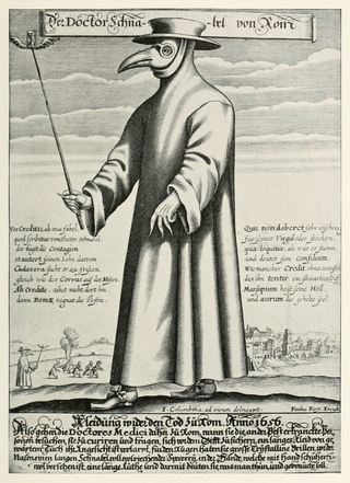 A satirical engraving of a plague doctor with beak mask