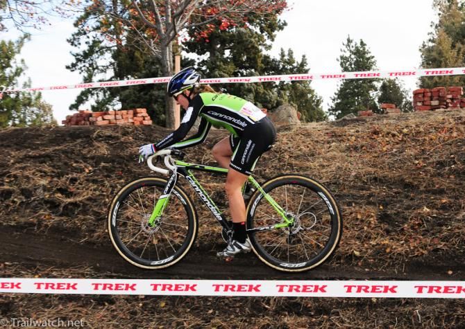 Kaitie Antonneau (Cannondale) riding an off-camber section of course