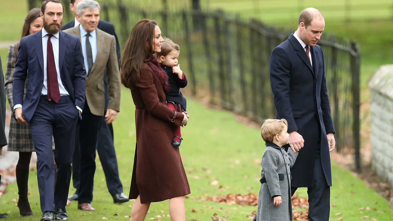 Catherine, Duchess of Cambridge, Prince William, Duke of Cambridge, Prince George of Cambridge, Princess Charlotte of Cambridge, Michael Middleton, James Middleton and Pippa Middleton attend Church on Christmas Day on December 25, 2016 in Bucklebury, Berkshire