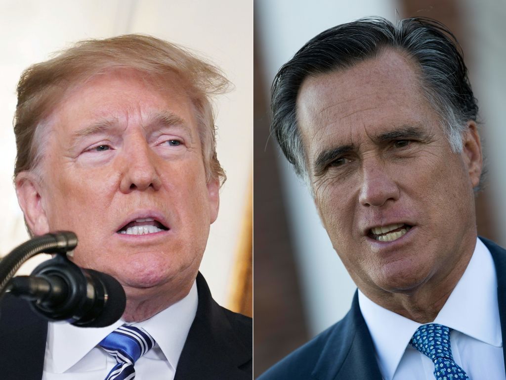 Side-by-side photos of Donald Trump and Mitt Romney.