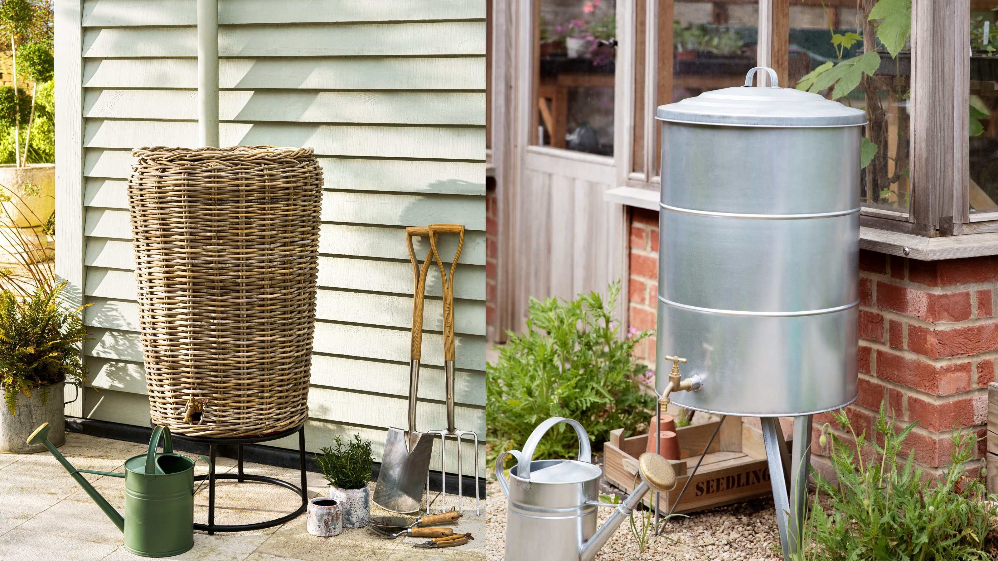 Two water butts. On the left, a rattan butt next to a green garden shed. On the right, Garden Trading galvanised steel water butt by a greenhouse 