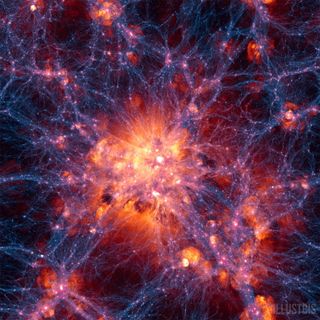 This image from the Illustris simulation show dark matter density overlaid with the gas velocity field. Image released May 7, 2014.