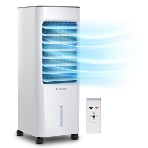 Pro Breeze 4-In-1 Air Cooler With 5 Litre Capacity, Remote Control, 3 Fan Speed, and Led Display. Powerful Evaporative Portable Air Cooler With Built-In 7 Hour Timer & Automatic Oscillation