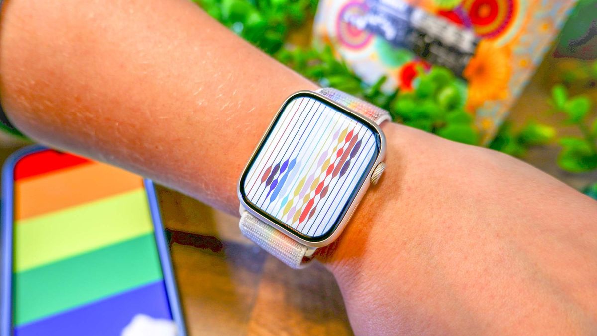 Apple Watch Pride Edition Band 2022 on a wrist, to illustrate our guide to How to eject water from an Apple Watch