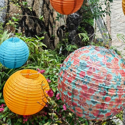 Methedeeco Vintage Floral Paper Lanterns Set -10pcs Sunset Orange Beach Party Wildflower Patterne Hanging Lantern for Anniversary,baby Shower Bachelorette,birthday, Valentines Day Decor Party Gift