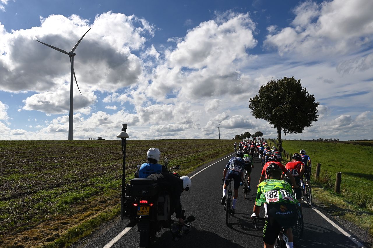 A TV camera motorbike follows the peloton at the Tour of Luxembourg in 2023