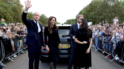 The Prince and Princess of Wales Accompanied By The Duke And Duchess Of Sussex Greet Wellwishers Outside Windsor Castle