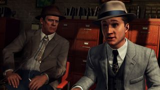 Two characters pointing at the camera in LA Noire