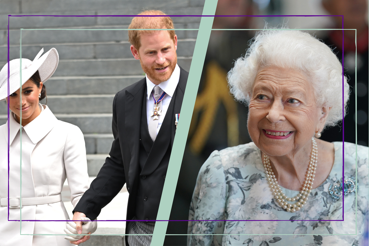 Prince Harry and Meghan alongside the Queen