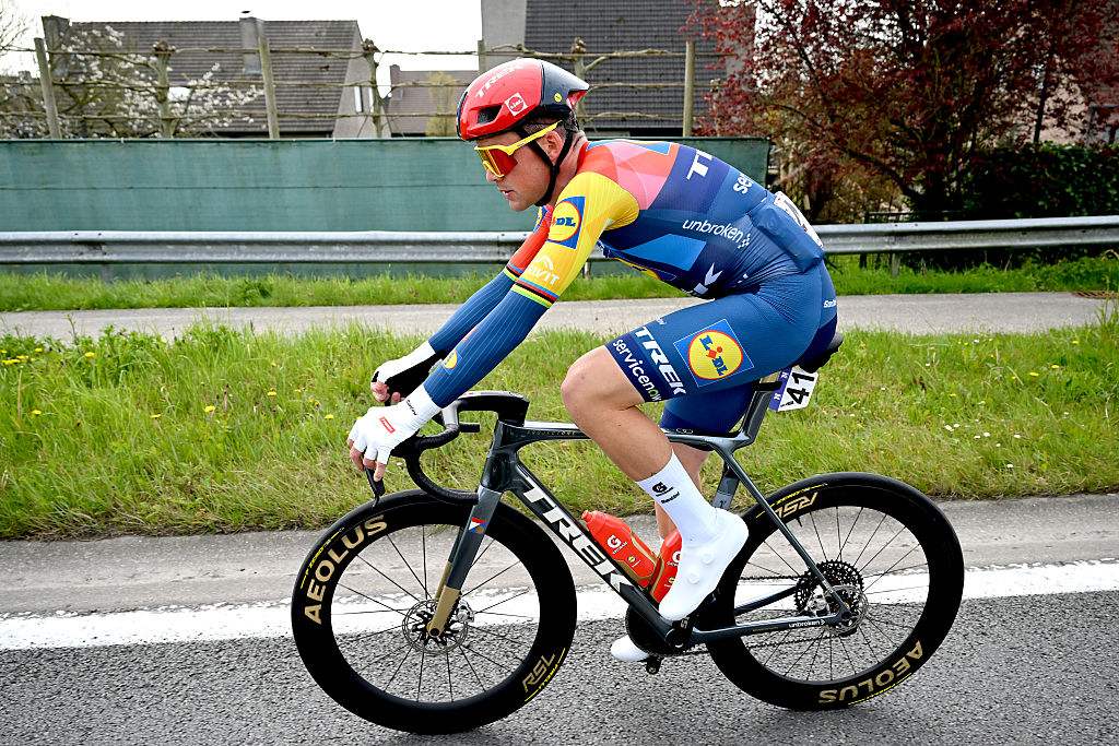 WAREGEM, BELGIUM - APRIL 01: Mads Pedersen of Denmark and Team Lidl - Trek dropped from peloton during the 80th Dwars Door Vlaanderen 2026 - Men&amp;apos;s Elite a 184.6km one day race from Roeselare to Waregem / #UCIWT / on April 01, 2026 in Waregem, Belgium. (Photo by Dario Belingheri/Getty Images)