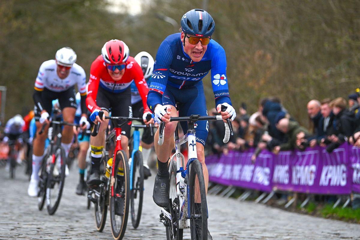 NINOVE BELGIUM FEBRUARY 24 Stefan Kung of Switzerland and Team GroupamaFDJ competes in the chase group during the 79th Omloop Het Nieuwsblad 2024 Mens Elite a 2022km one day race from Ghent to Ninove UCIWT on February 24 2024 in Ninove Belgium Photo by Luc ClaessenGetty Images