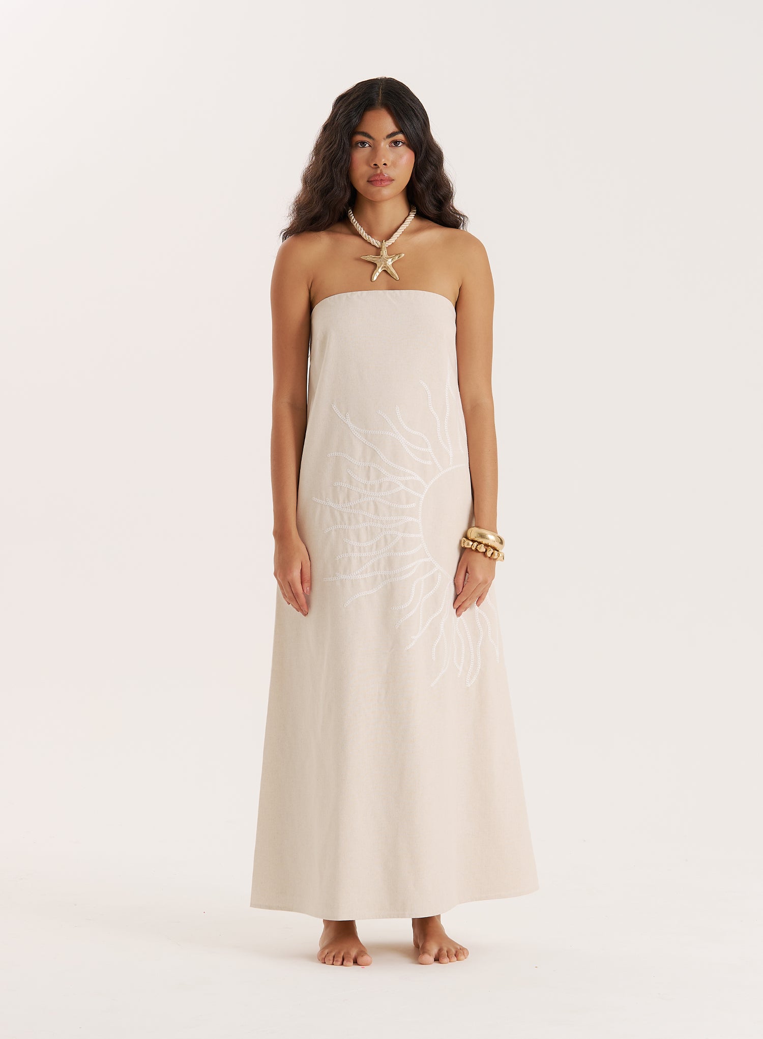 Cream Sun Embroidery Linen Blend Bandeau Dress- Elysia - 6