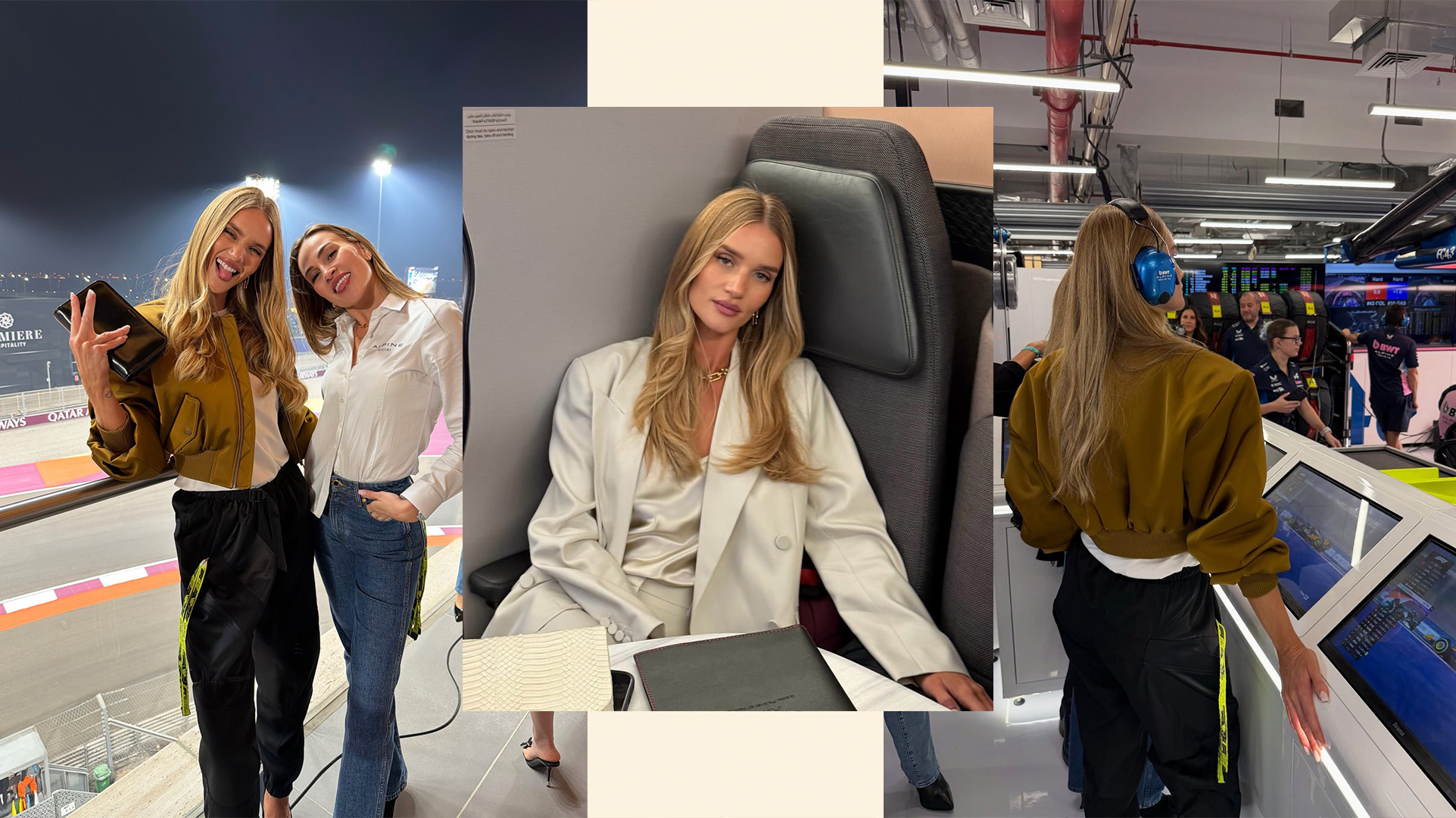 Rosie Huntington-Whiteley wearing a satin Helsa bomber jacket at the F1 Qatar Grand Prix