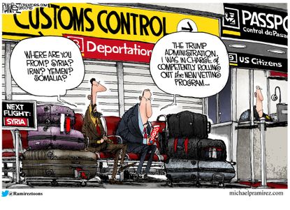 Political Cartoon U.S. Refugee vetting ban Trump adviser deported