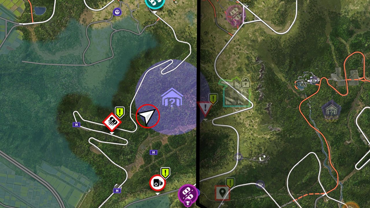 Forza Horizon 6 Barn Finds: A map with a red circle showing the location of the Barn Find car inside the purple search area.