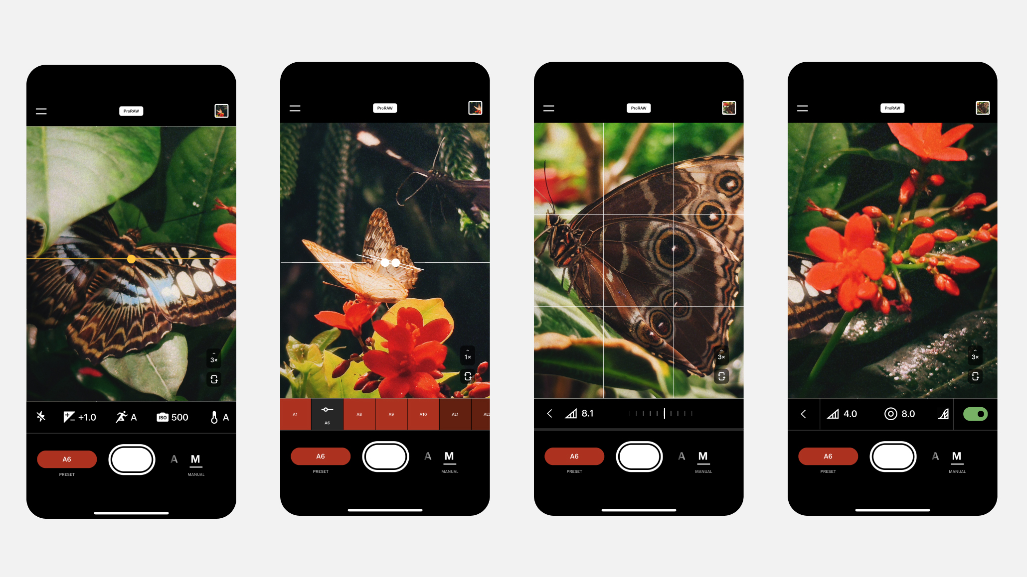 Various screens from the VSCO Capture App