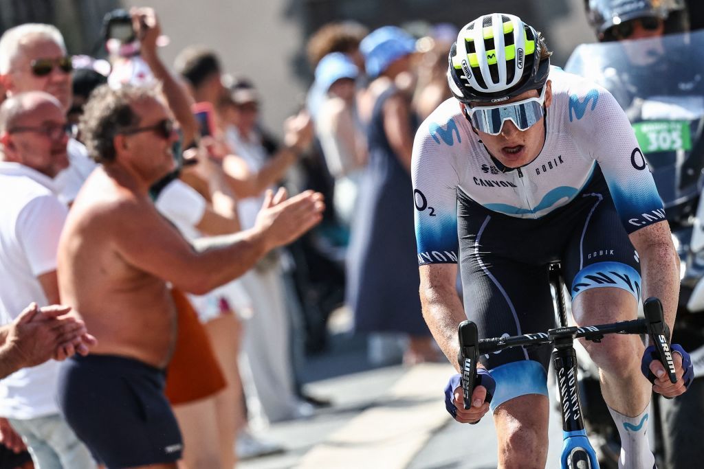 Movistar Teams US rider Matteo Jorgenson cycles in a breakaway during the 9th stage of the 110th edition of the Tour de France cycling race 1825 km between SaintLeonarddeNoblat and Puy de Dome in central France on July 9 2023 Photo by AnneChristine POUJOULAT AFP Photo by ANNECHRISTINE POUJOULATAFP via Getty Images