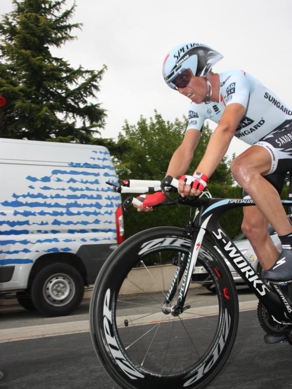 A Saxo Bank Sungard racer looks rarin' to go.
