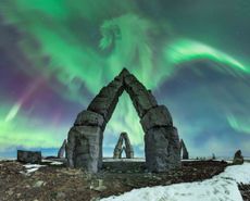 This aurora takes the form of a dragon. Photographed by Carina Letelier Baeza, was the result of a G2 level geomagnetic storm and was captured at the Arctic Henge in Iceland.