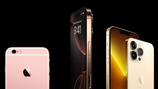 iPhone 16 Pro Desert Titanium flanked by Rose Gold iPhone SE and Gold iPhone 13 Pro