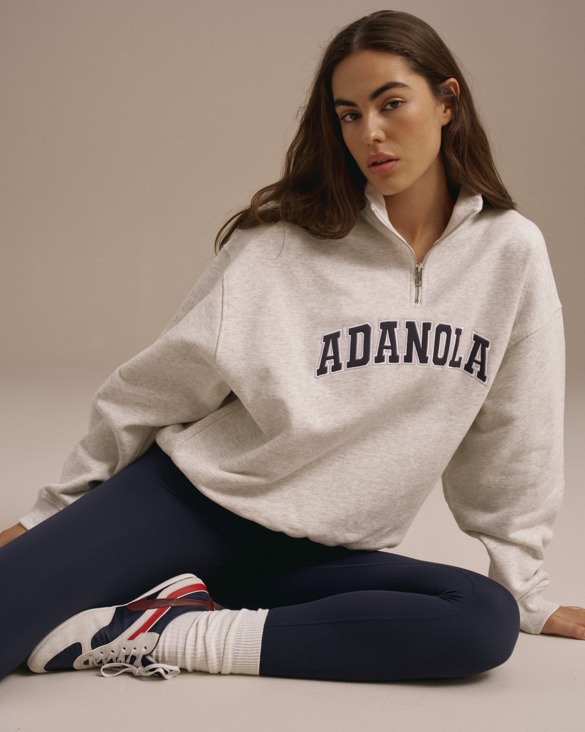 Varsity Relaxed Funnel Neck Zip Sweatshirt - Light Grey Melange/navy Blue - Xxs
