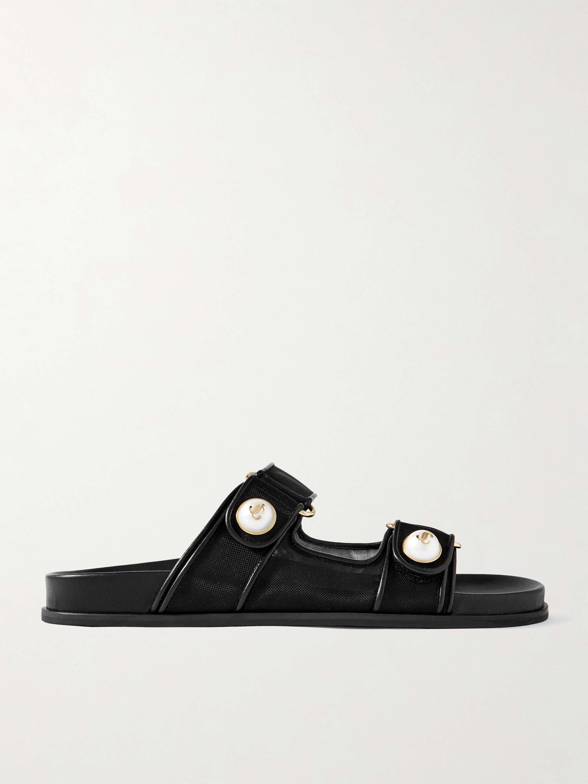 Fayence Leather-Trimmed Faux Pearl-Embellished Mesh Slides