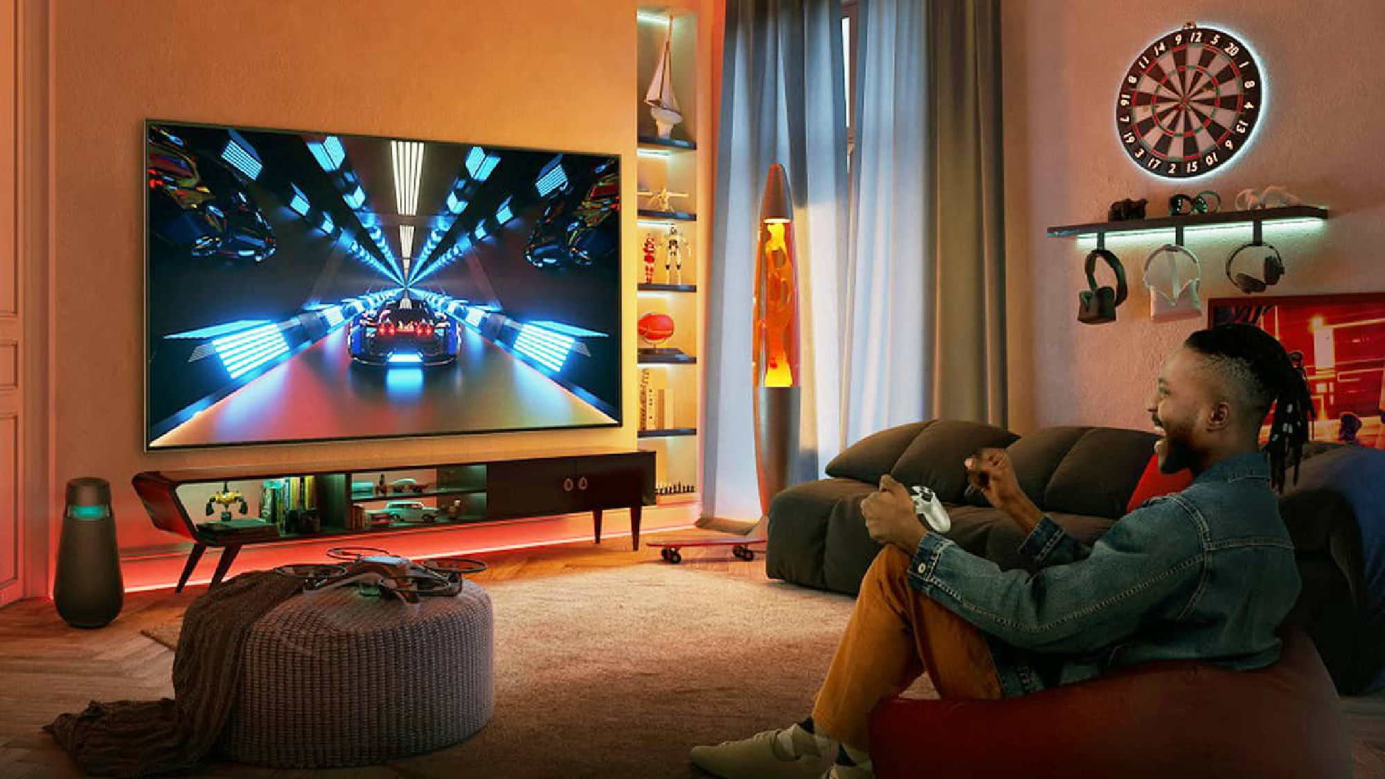 LG TV with gaming on the screen in living room
