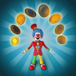 A clown juggling fake Bitcoins