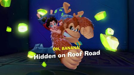 Donkey Kong Bananza Hanging on Roof Road challenge course Hidden on Roof Road banana eaten