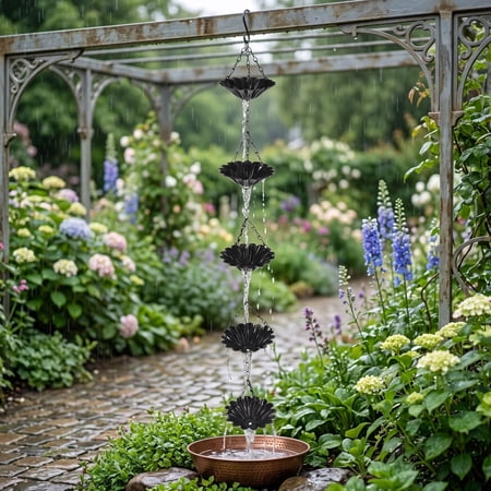 Aonerit 30.7x4in Metal Rain Chain, Black Flower Shaped With Five Floral Cups, Replacement Gutter Downspout Accessory, Outdoor Yard Scenery Garden Decor