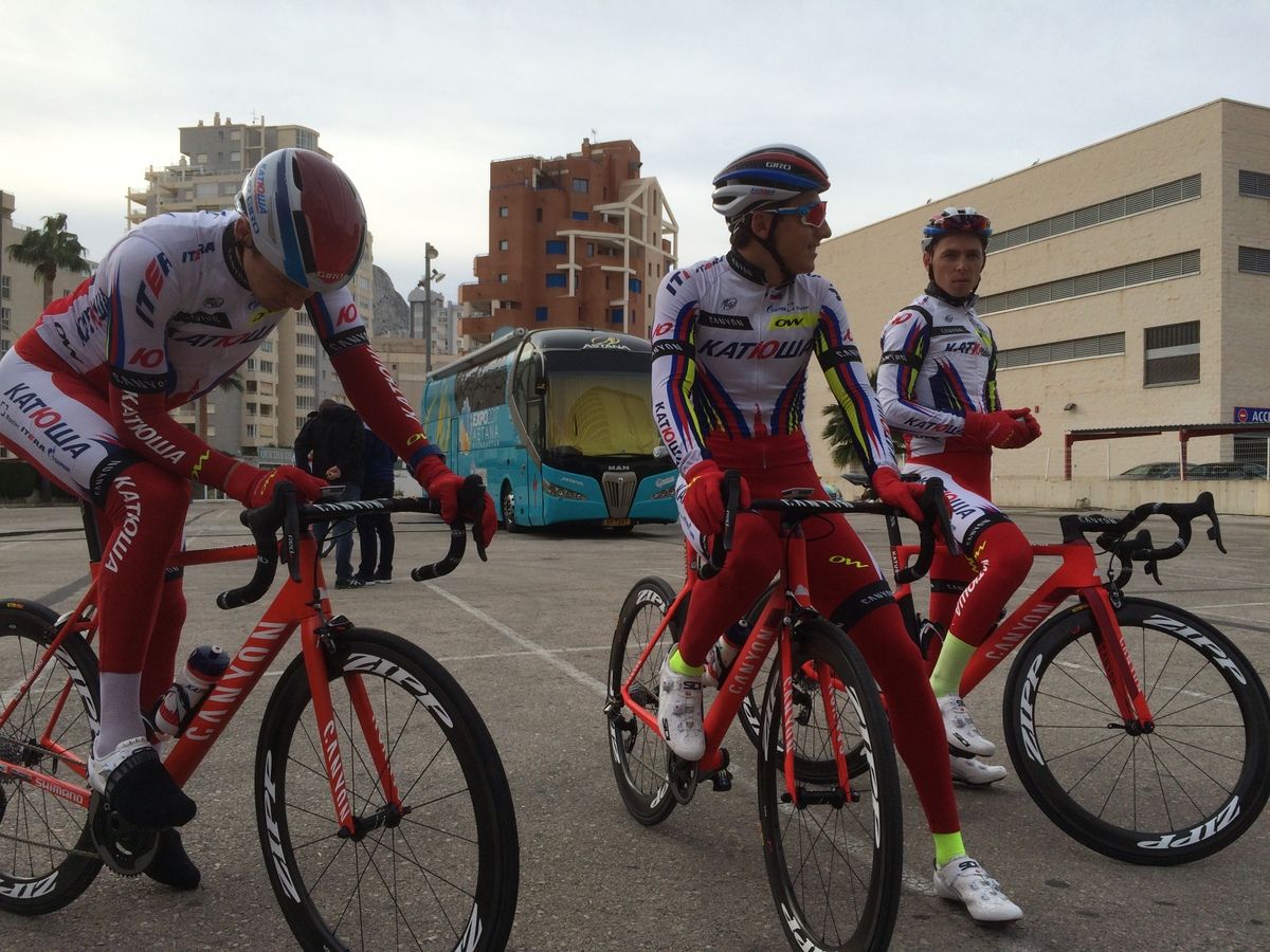 A few Katusha riders feeling the cold are all rugged up