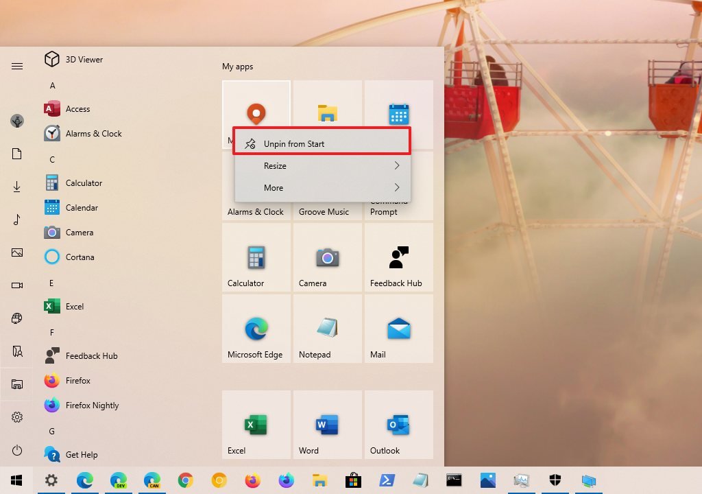 Start menu unpin apps