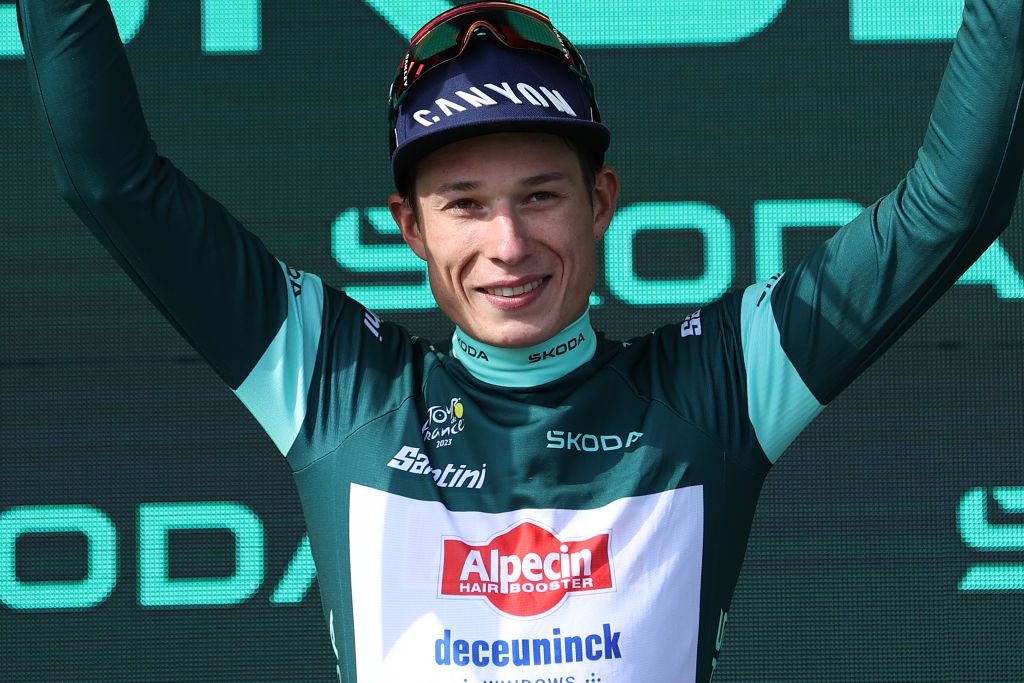 LEMARKSTEIN FRANCE JULY 22 Jasper Philipsen of Belgium and Team AlpecinDeceuninck celebrates at podium as Green points jersey winner during the stage twenty of the 110th Tour de France 2023 a 1335km stage from Belfort to Le Markstein 1192m UCIWT on July 22 2023 in Le Markstein France Photo by Michael SteeleGetty Images