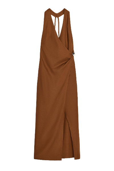ZARA, Linen Midi Dress With Gold AppliquÉ