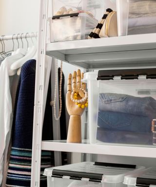 clear storage boxes in wardrobe