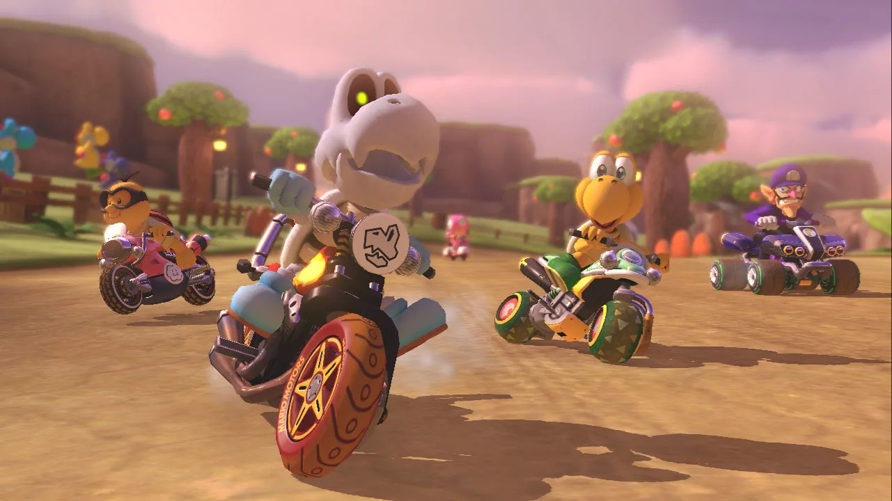 A skeleton Koopa takes the lead in Mario Kart 8 Deluxe, one of the best Nintendo Switch Multiplayer Games in 2021