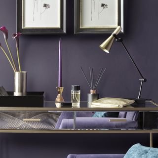 purple wall desk and lamp