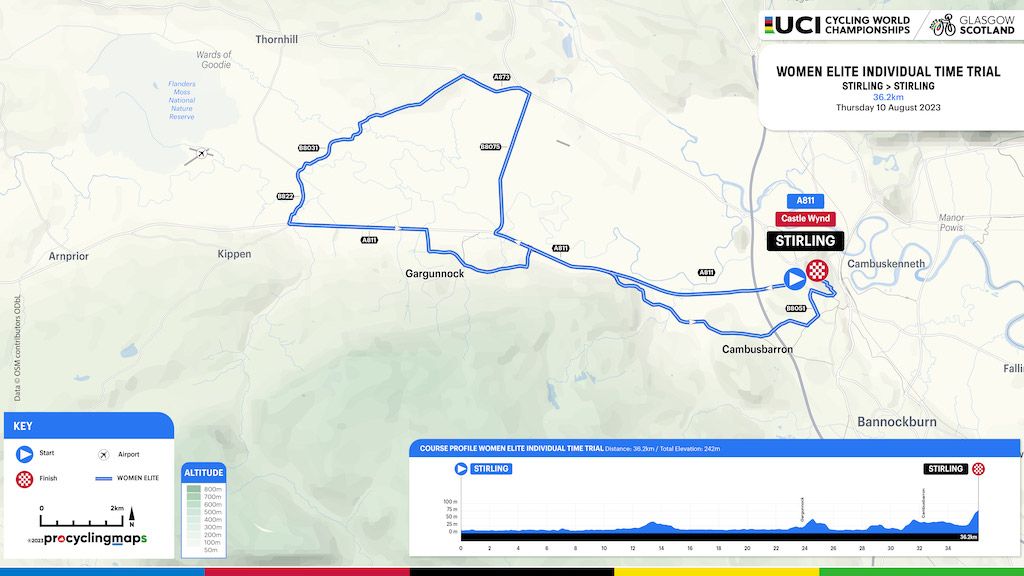 UCI Glasgow Road World Championships 2023 women&#039;s elite time trial course maps and profile