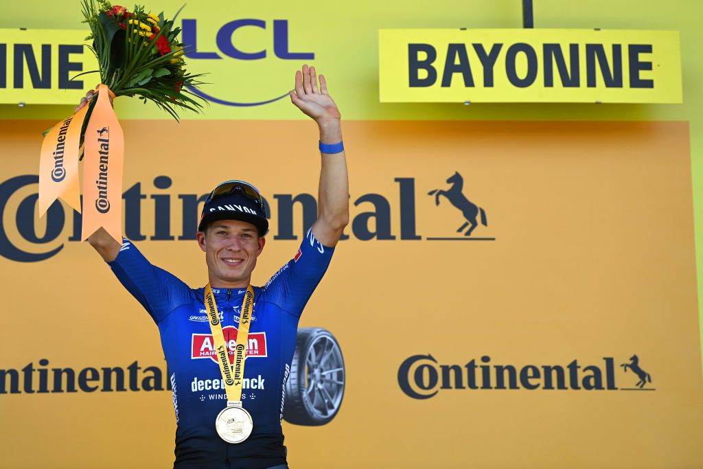 BAYONNE FRANCE JULY 03 Jasper Philipsen of Belgium and Team AlpecinDeceuninck celebrates at podium as stage winner during the stage three of the 110th Tour de France 2023 a 1935km stage from AmorebietaEtxano to Bayonne UCIWT on July 03 2023 in Bayonne France Photo by Tim de WaeleGetty Images
