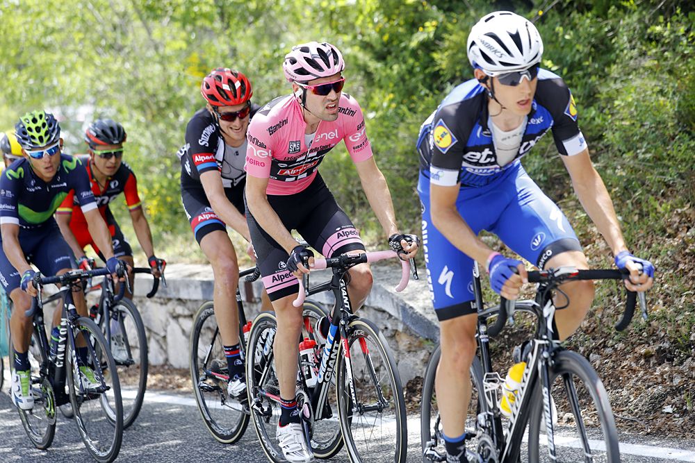 Dutch pink jersey Tom Dumoulin (C) rides during the 7th stage of the 99th Giro d'Italia, Tour of Italy, between Sulmona and Foligno