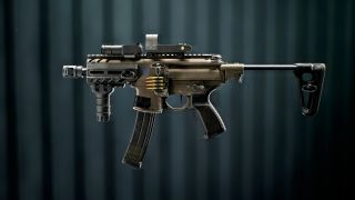 Battlefield 6 SGX loadout: A side-on view of the SGX SMG set against a dark stripey background.