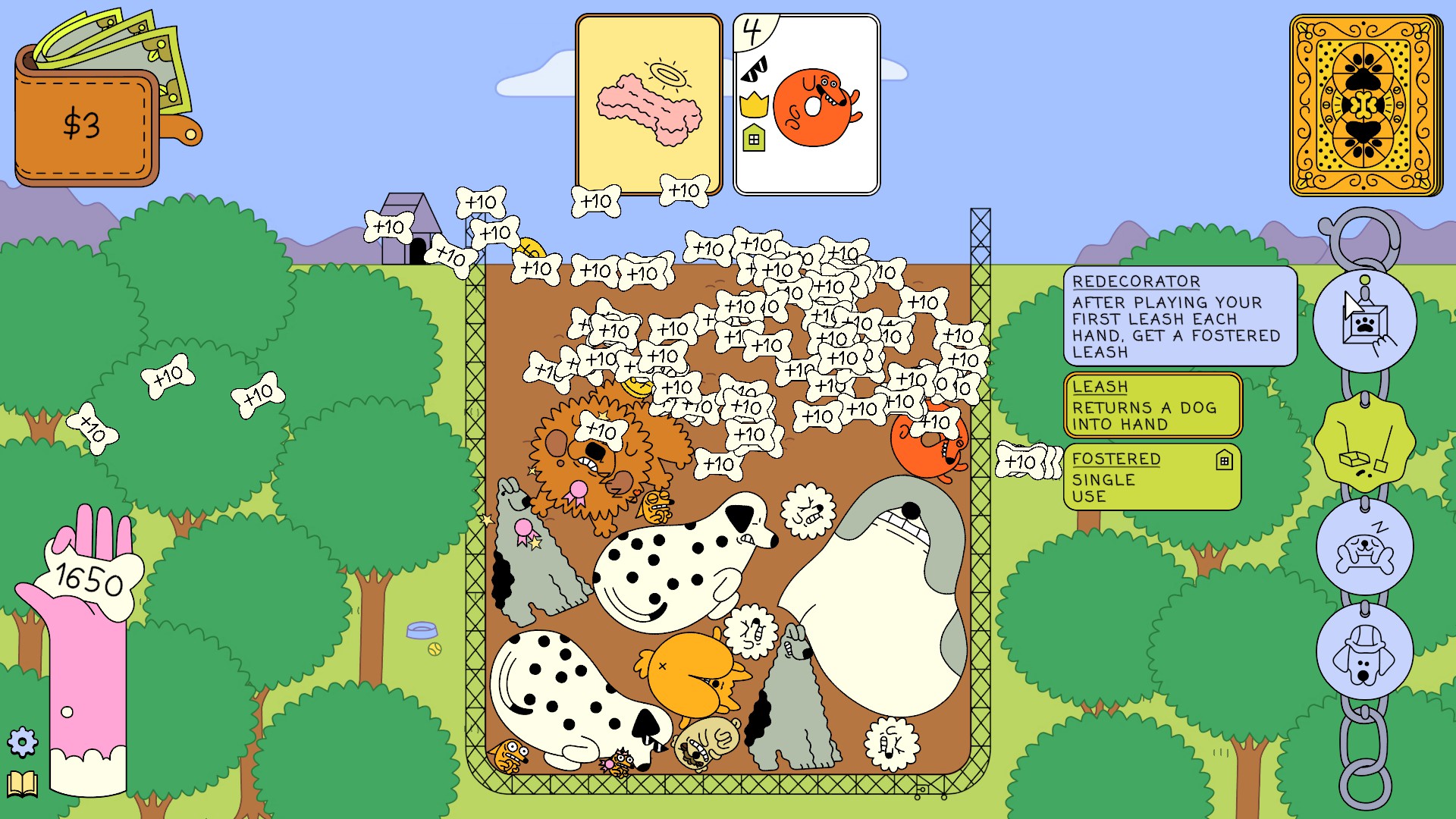 Dogpile screenshot of dogs piled up and bones showering on the screen which appear when a dog merges and you earn points as a result