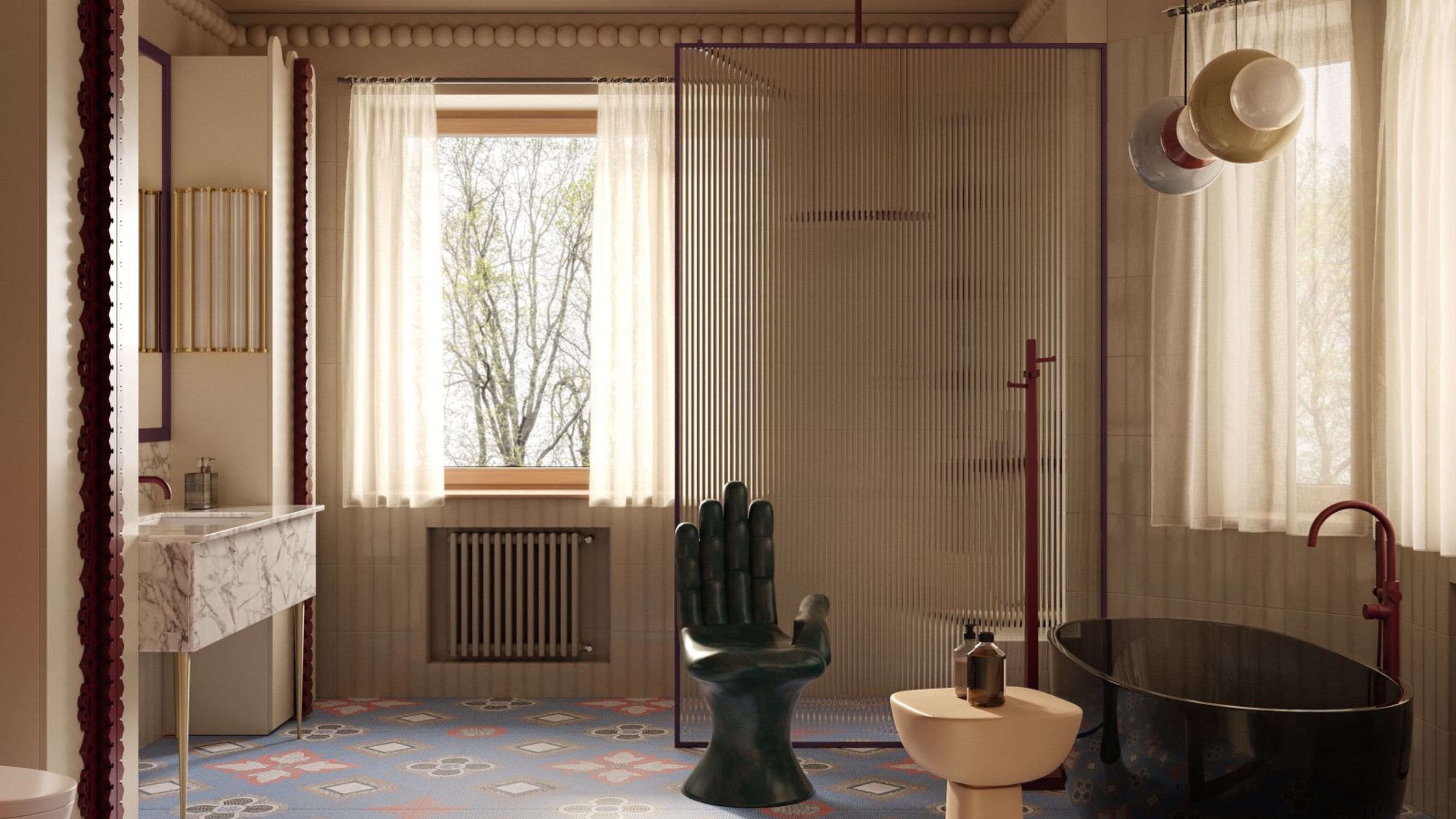 modern bathroom with mosaic tiled floor, bobbin ceiling trim, fluted shower screen, freestanding bath with hand-shaped seat, wall light, marble floating vanity, short curtains over windows, and unique trims around doorway