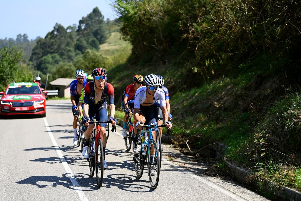 LES PRAERESNAVA SPAIN AUGUST 28 LR Dylan Van Baarle of Netherlands and Team INEOS Grenadiers and Samuele Battistella of Italy and Team Astana Qazaqstan compete in the breakaway during the 77th Tour of Spain 2022 Stage 9 a 1714km stage from Villaviciosa to Les Praeres Nava 743m LaVuelta22 WorldTour on August 28 2022 in Les Praeres Nava Spain Photo by Tim de WaeleGetty Images